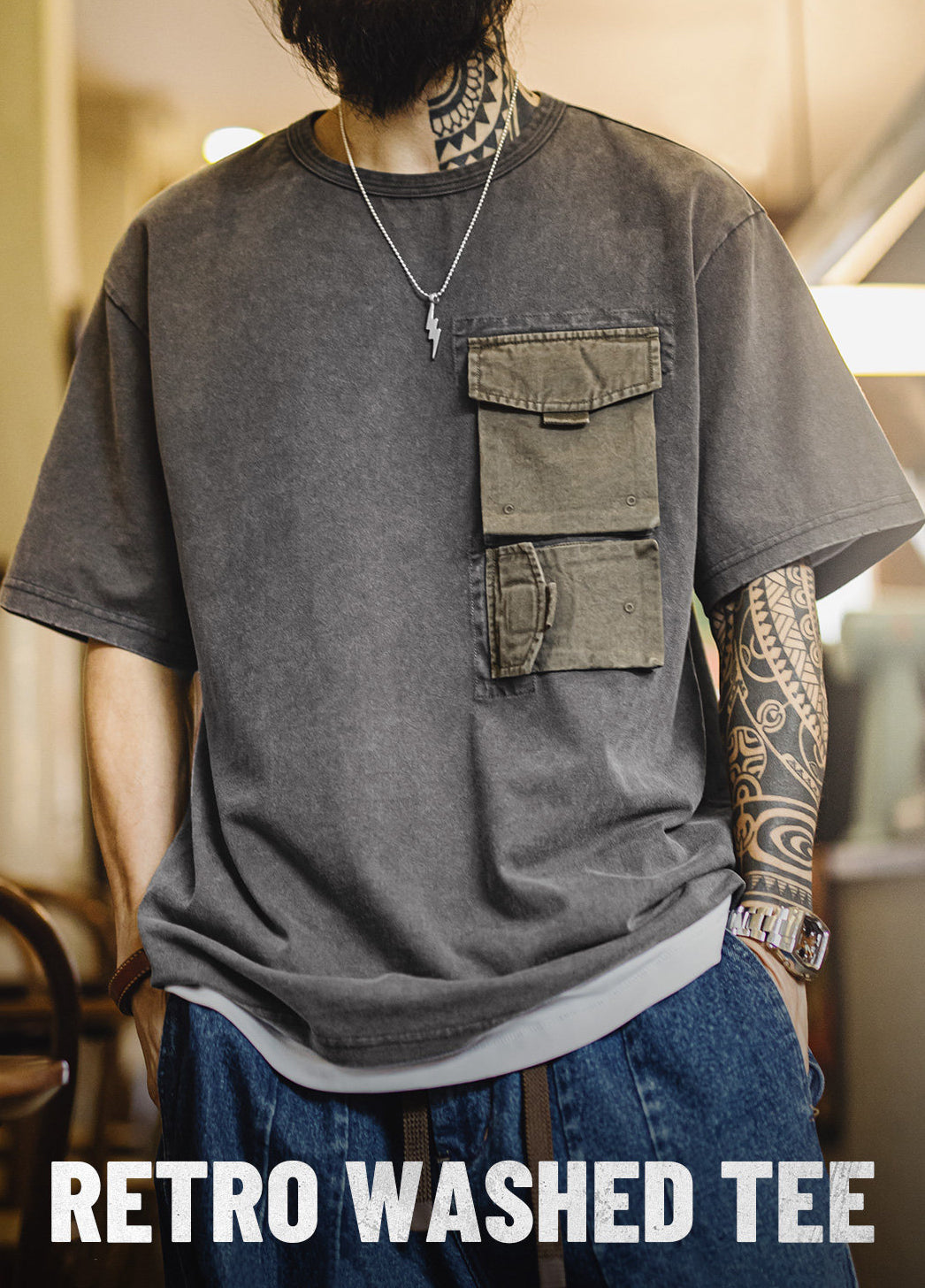 American Retro Distressed Printed Pocket Washed Pure Cotton Men's T-Shirt