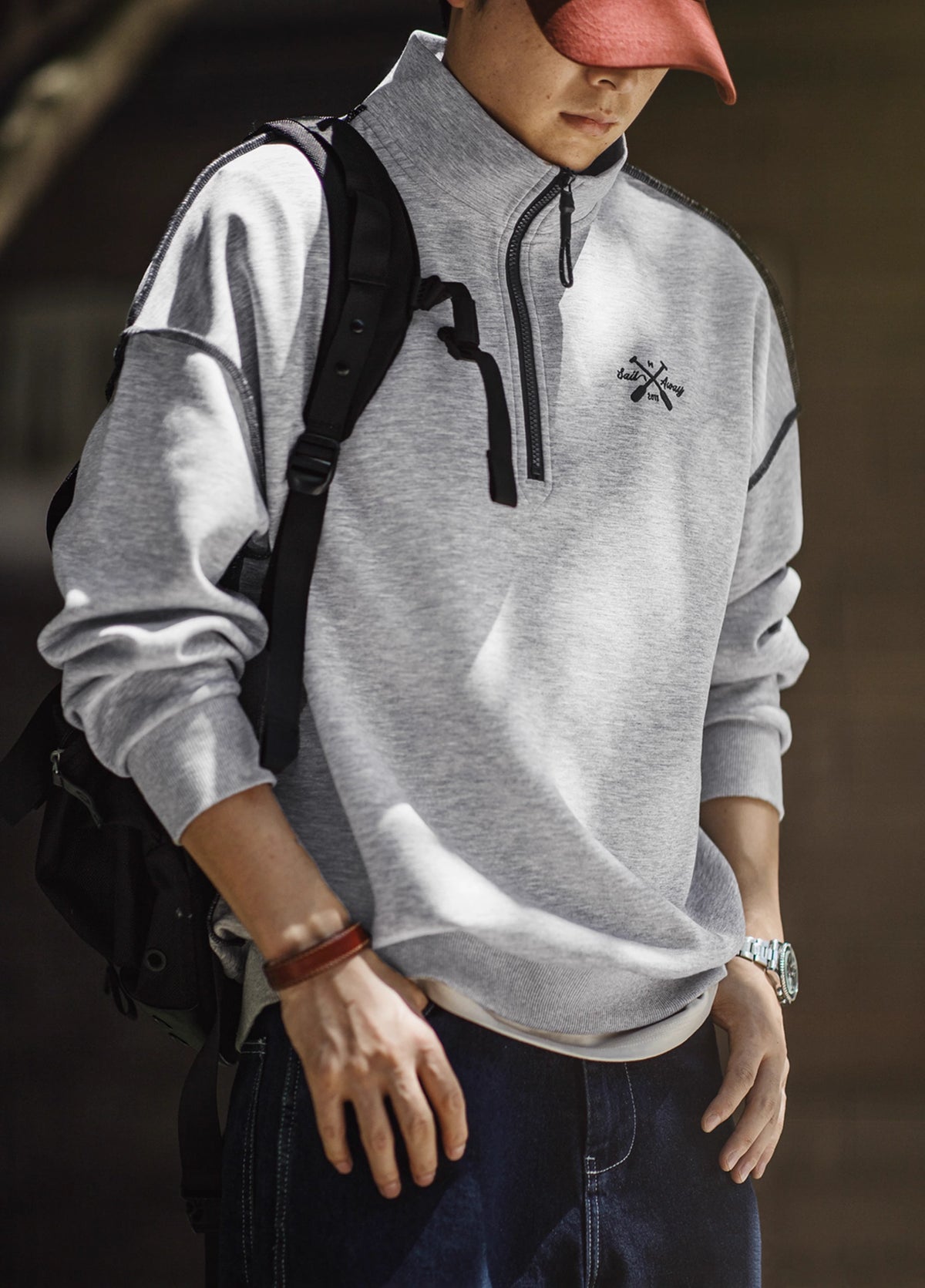 American Air Layer Half Zip Contrast Color Lock Edge Lapel Men's Sweater - Harmony Gallery