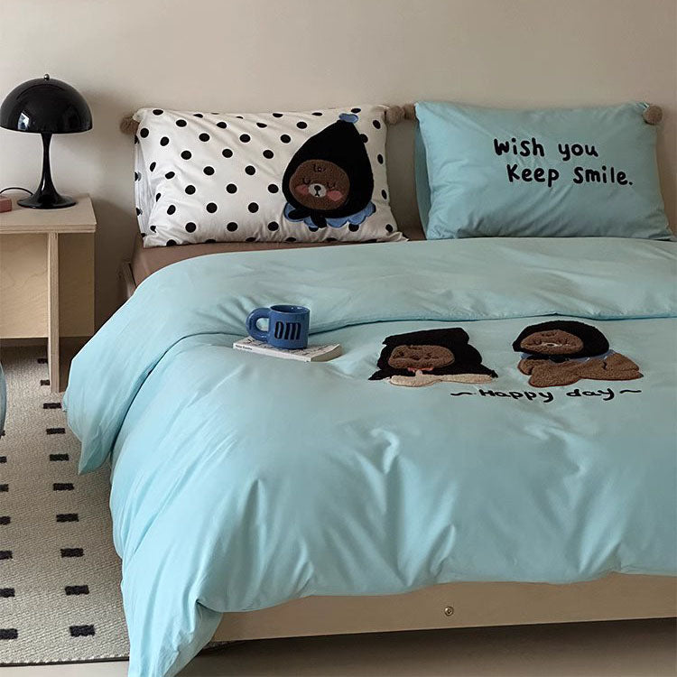Cute Cartoon Bear Embroidered Washed Four-Piece Cotton Bed Set - Harmony Gallery