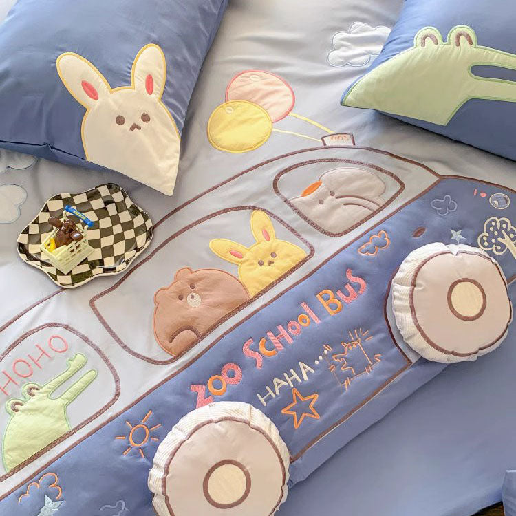 Cartoon Happy Bus Zoo School Four-Piece Pure Cotton Bed Set - Harmony Gallery