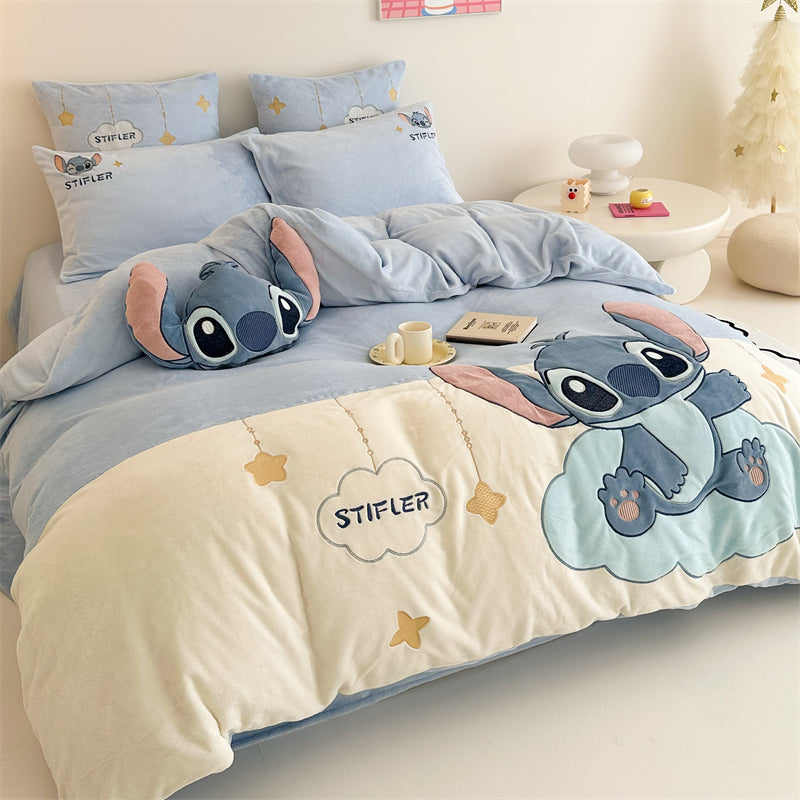 Cartoon Stitch Milk Velvet Winter Heat Storage Four-Piece Bed Set - Harmony Gallery