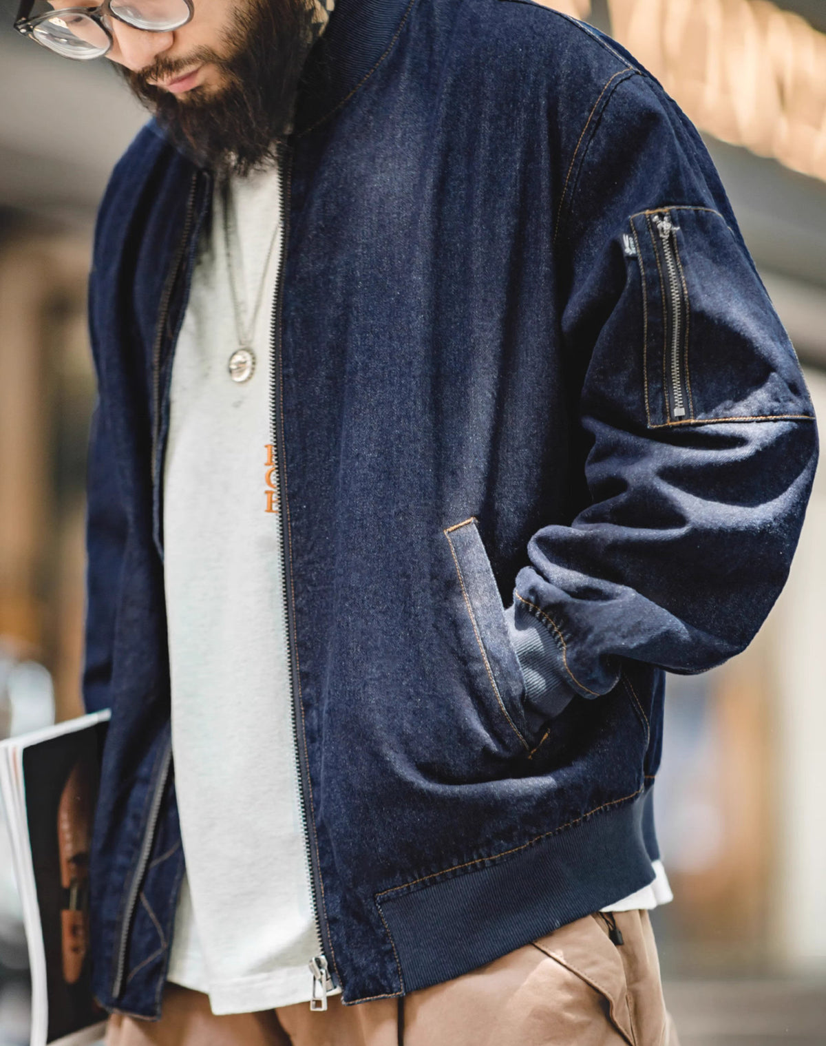 American Retro Denim Washed MA1 Bomber Baseball Men's Jacket - Harmony Gallery