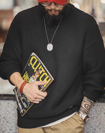 American Retro Heavy Texture Knitted Drop Shoulder Pullover Men's Sweater - Harmony Gallery