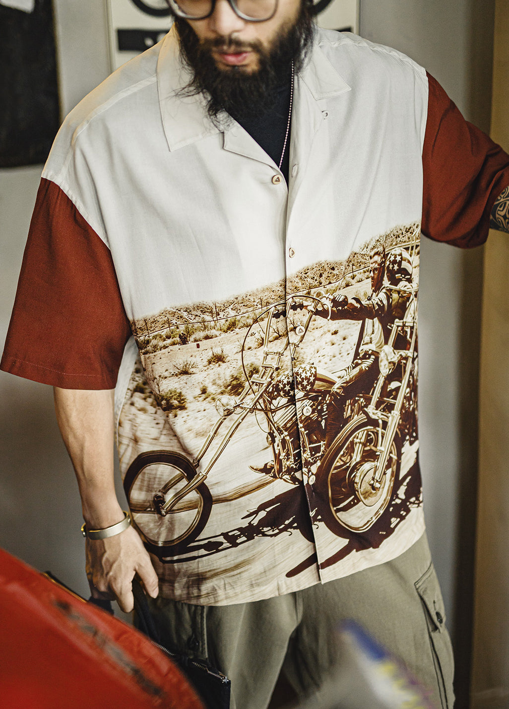 American Retro Contrast Color Drape Full Print Thin Short-Sleeved Men's Shirt - Harmony Gallery