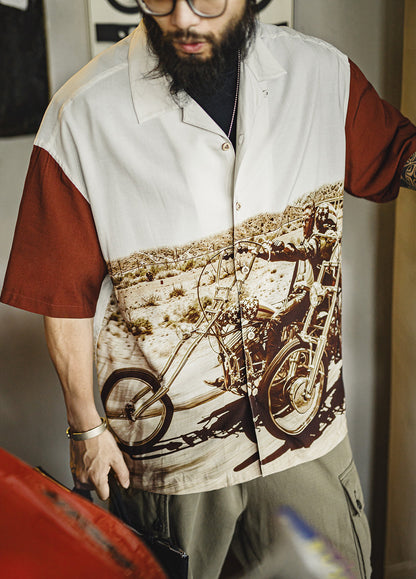 American Retro Contrast Color Drape Full Print Thin Short-Sleeved Men's Shirt - Harmony Gallery