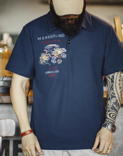 American Workwear Retro Embroidered Polo Knitted Men's T-Shirt - Harmony Gallery