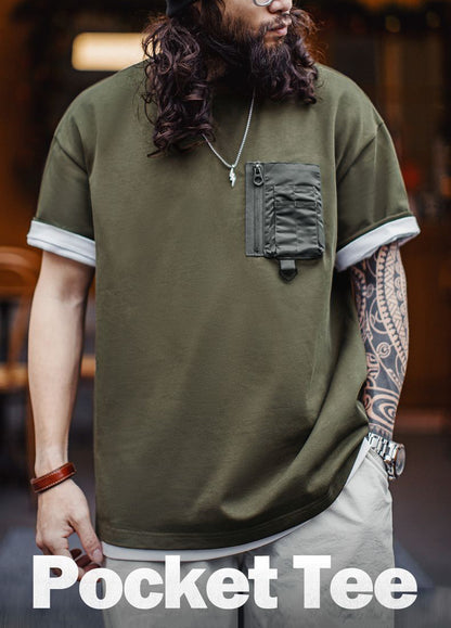 American Retro Army Green Pocket Mountain Knitted Heavy Men's T-Shirt - Harmony Gallery
