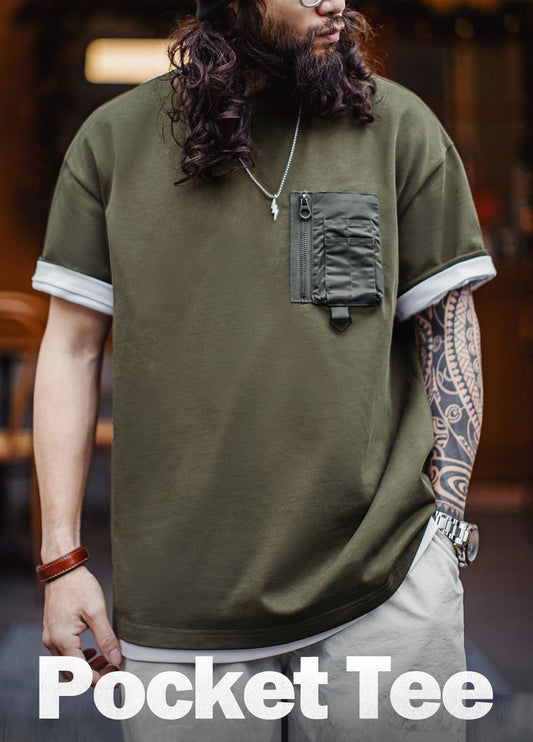 American Retro Army Green Pocket Mountain Knitted Heavy Men's T-Shirt - Harmony Gallery
