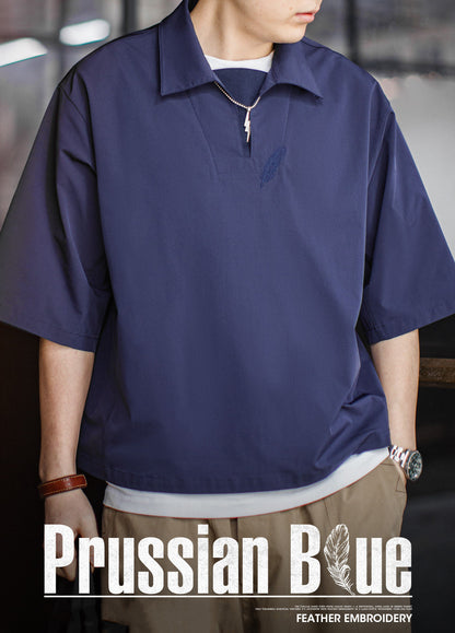 American Retro Polo Lapel Loose Fit Feather Embroidery Thin Men's T-Shirt