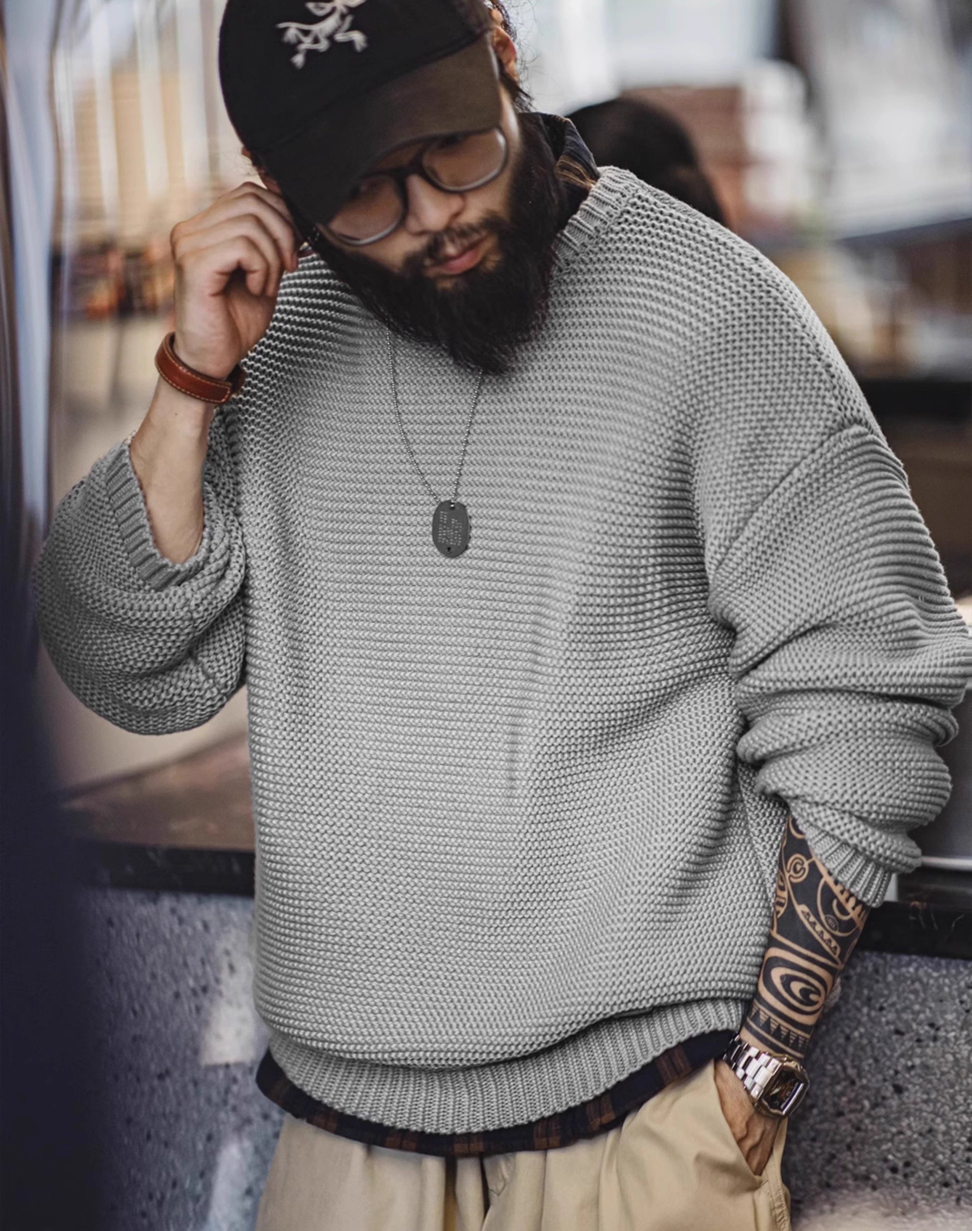 American Retro Heavy Texture Knitted Drop Shoulder Pullover Men's Sweater - Harmony Gallery