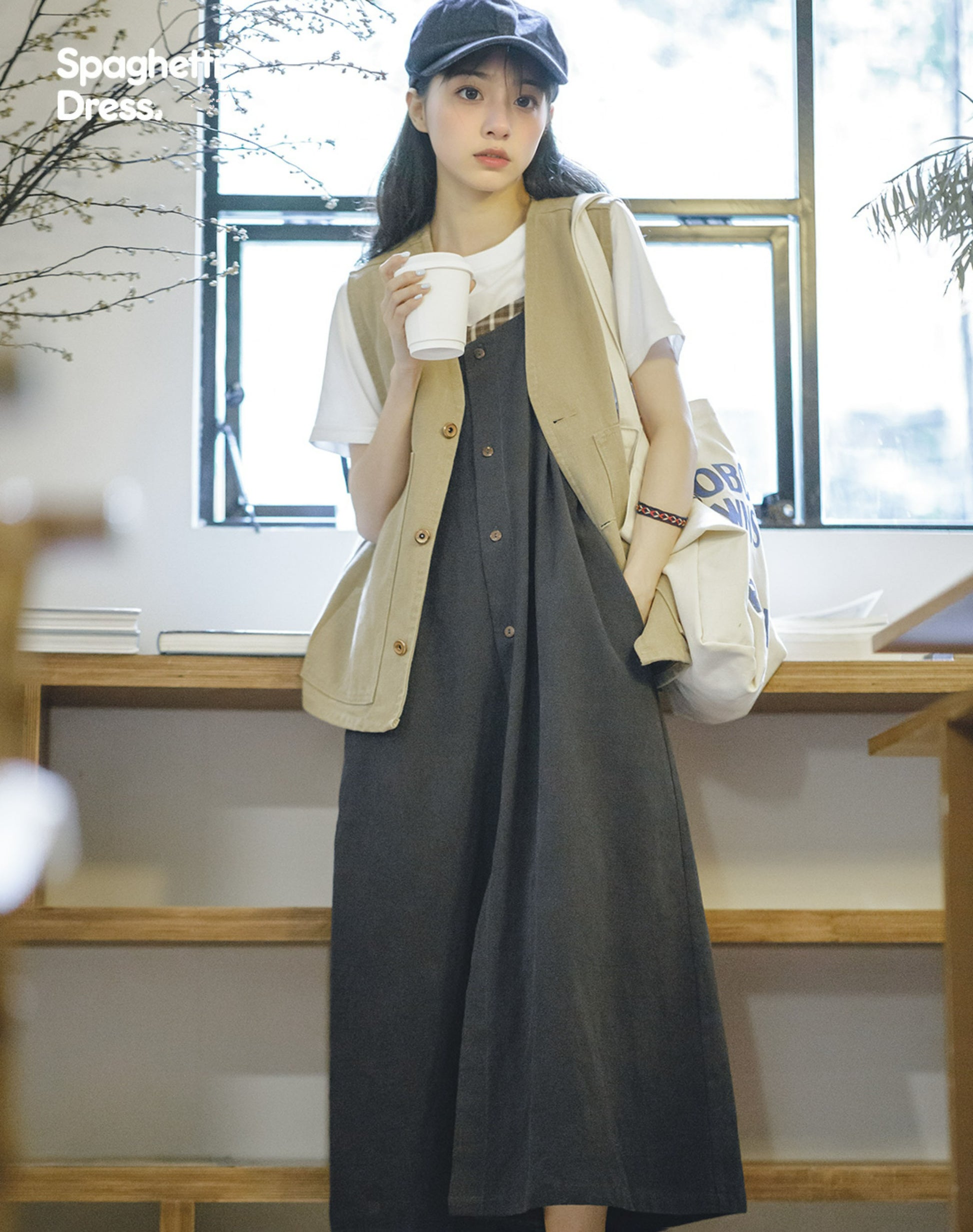 Retro Plaid Stitching Loose Suspenders Women's Dress - Harmony Gallery