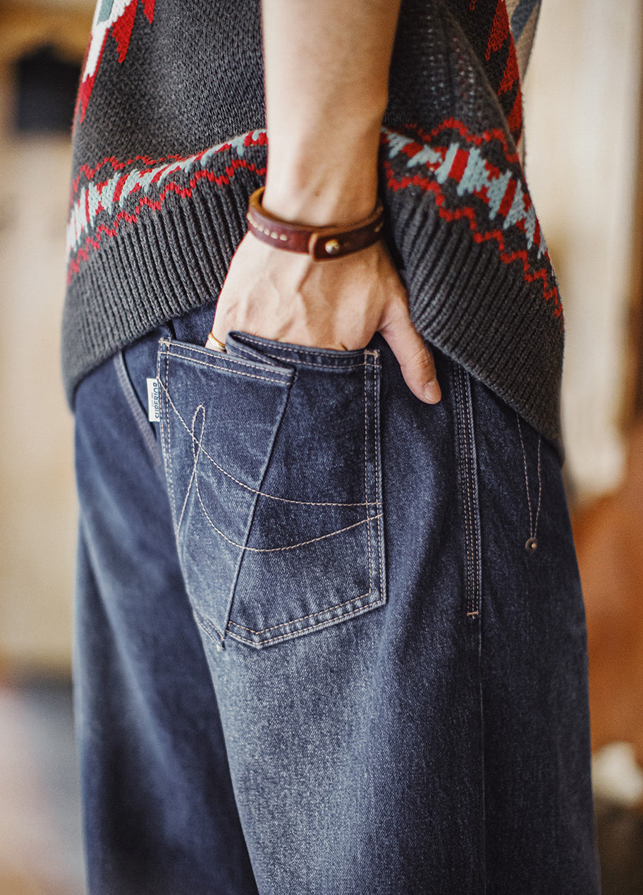 American Retro Washed Curved Denim Flowing Floor-Length Men's Jeans