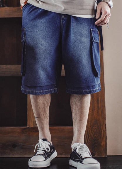 American Retro Washed Blue Embroidered Double Pocket Paratrooper Men's Shorts - Harmony Gallery