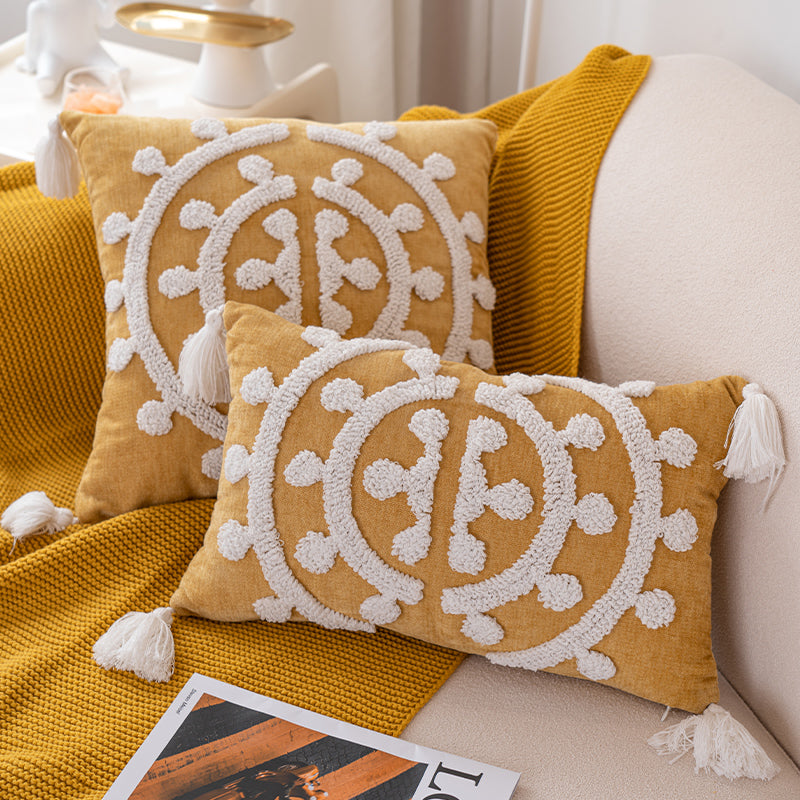 Golden Elegance Tassel Accent White Embroidered Scrollwork Throw Pillows - Harmony Gallery