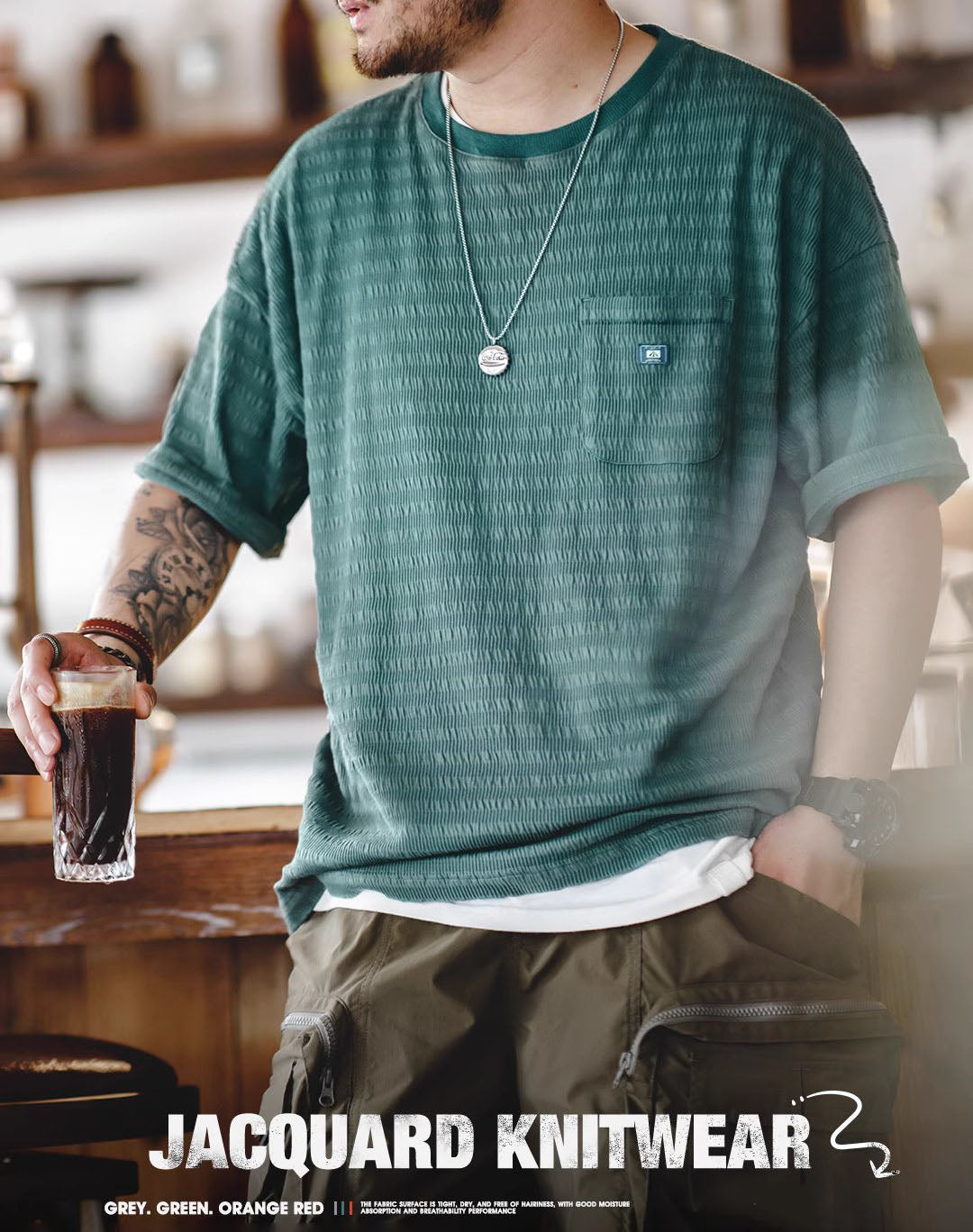 American Casual Dark Pattern Jacquard Knitted Pocket Men's T-Shirt - Harmony Gallery