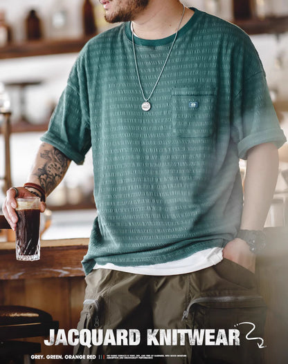 American Casual Dark Pattern Jacquard Knitted Pocket Men's T-Shirt - Harmony Gallery