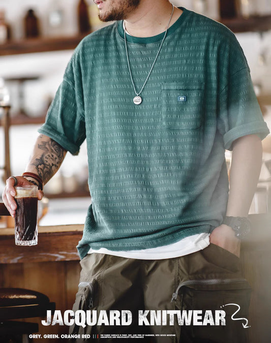 American Casual Dark Pattern Jacquard Knitted Pocket Men's T-Shirt - Harmony Gallery