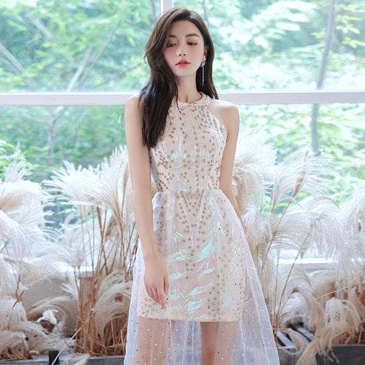 Elegant Halter Neck Iridescent Sequin High-Low Dress - Harmony Gallery