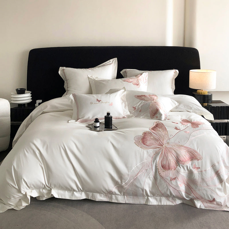 Light Luxury Cotton Exquisite Butterfly Embroidered Four-Piece Bed Set - Harmony Gallery