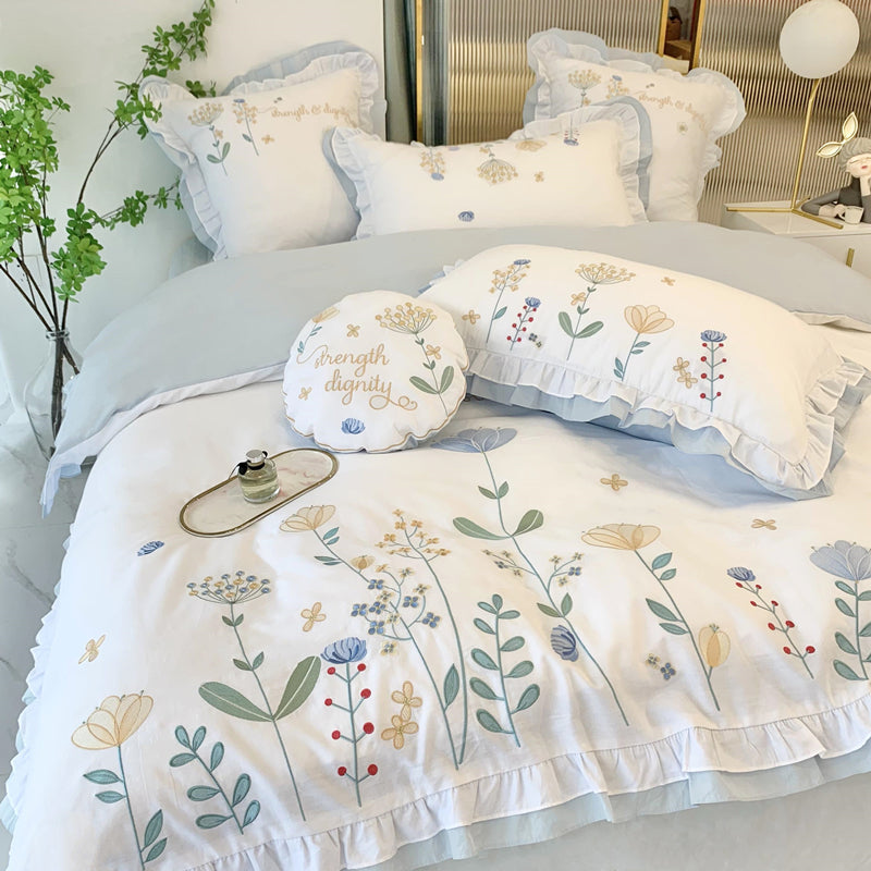 Fairy Lace Washed Cotton Four-Piece-Flower Embroidery Bed Set - Harmony Gallery