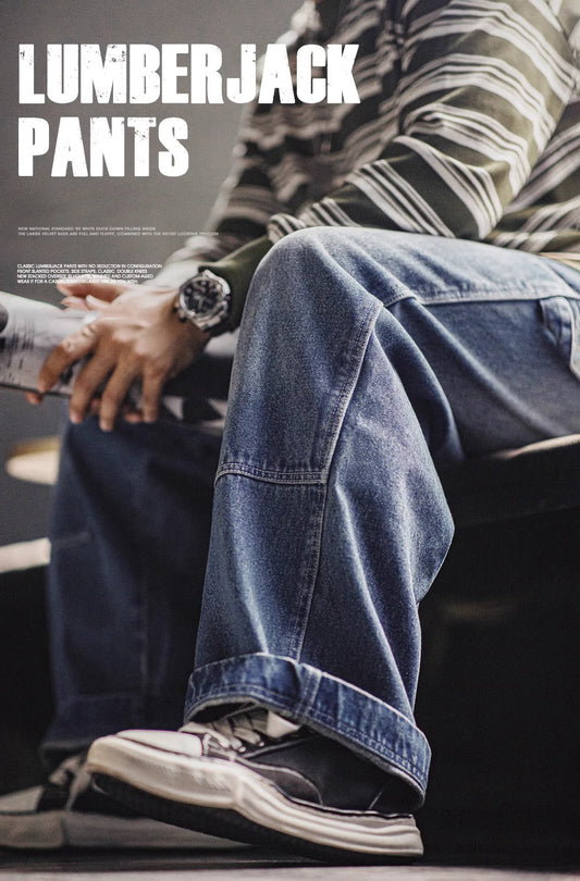 American Retro Double Knee Logging Washed And Distressed Wide-Leg Men's Jeans - Harmony Gallery