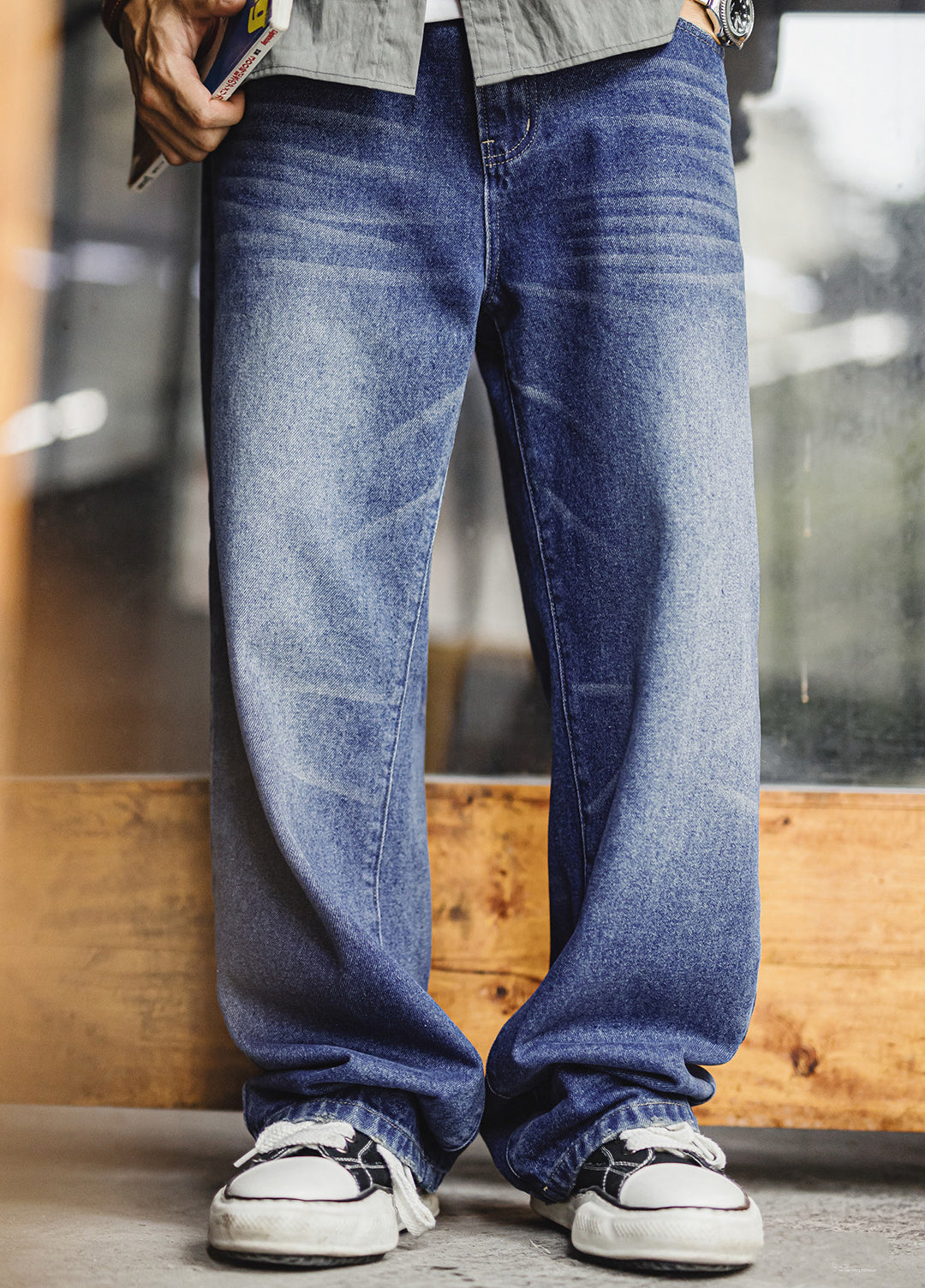 American Washed Denim Blue Cathair Heavyweight Straight-Leg Men's Jeans - Harmony Gallery