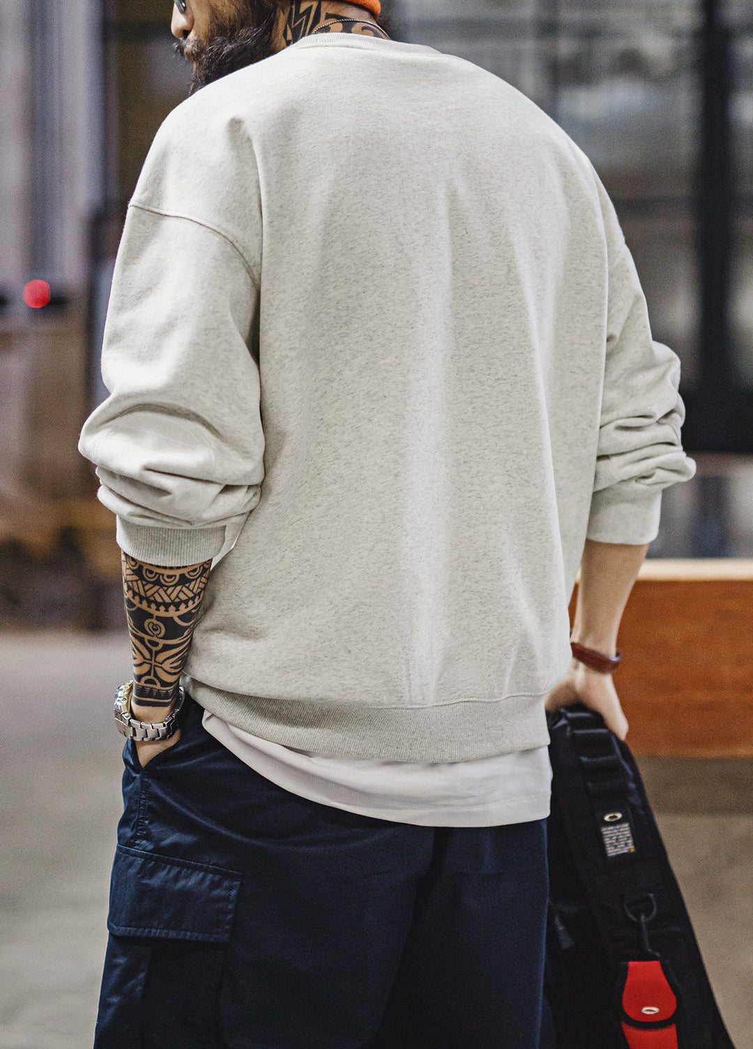 American Print Light Flower Gray Drop Shoulder Pullover Men's Sweater