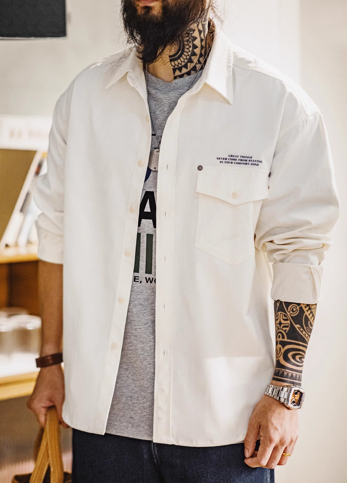 American Casual Herringbone Pattern Printed Layered Woven Men's Shirt - Harmony Gallery