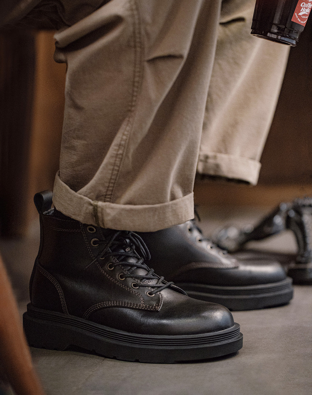 American Retro Work Black Mid-Top Thick-Soled Brogue Men's Boot - Harmony Gallery