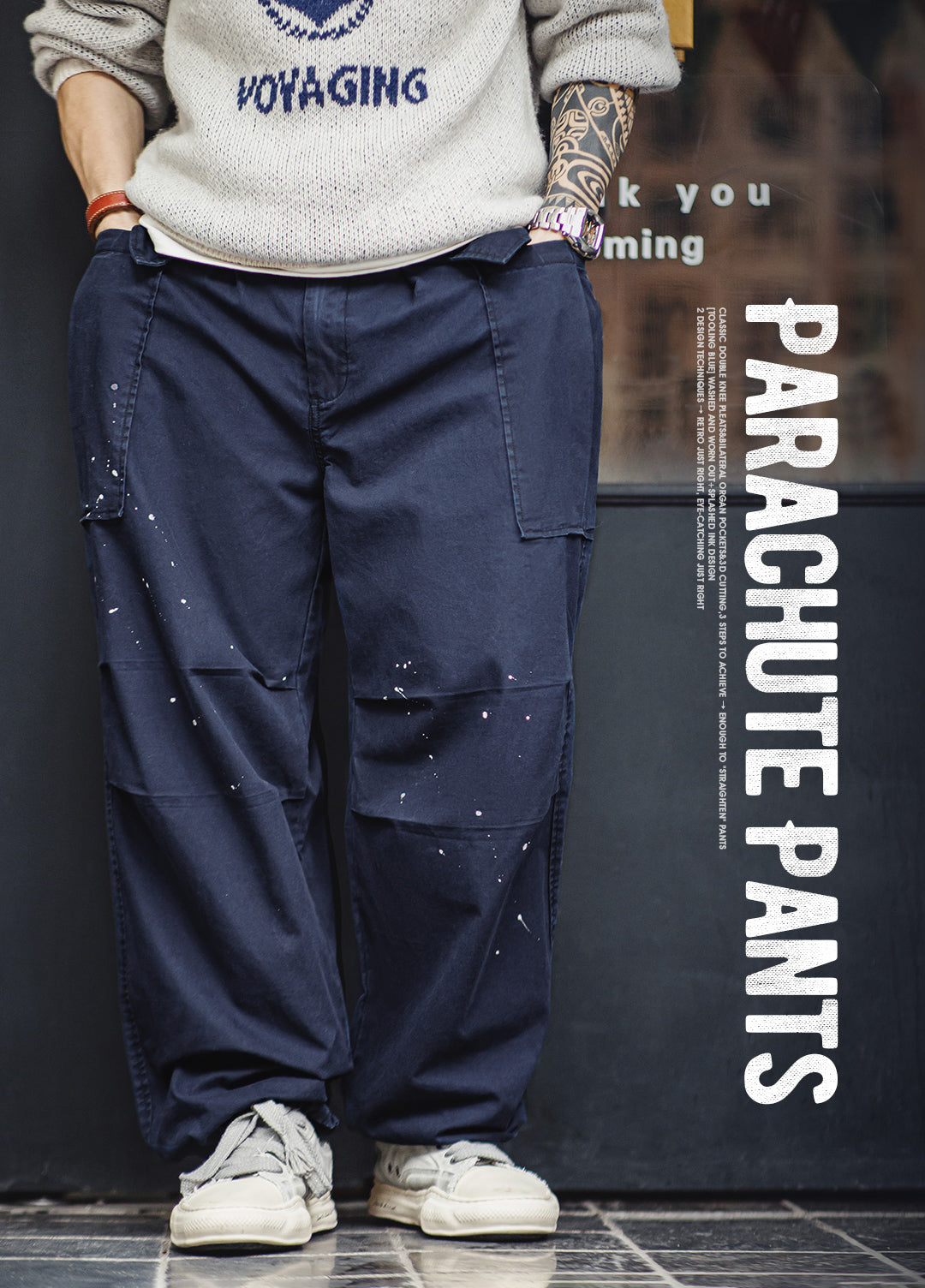 American Old Ink-Splashed Knee Parachute Oversize Men's Trousers - Harmony Gallery