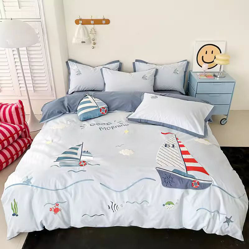 Cartoon Sailing Ship Washed Four-Piece Boys Pure Cotton Bed Set - Harmony Gallery