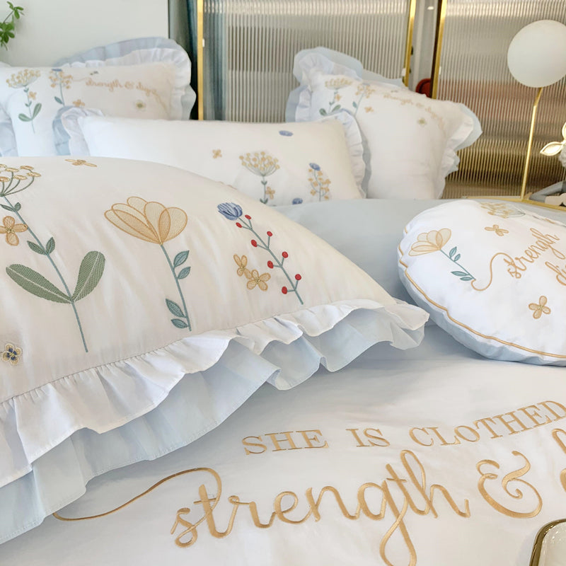 Fairy Lace Washed Cotton Four-Piece-Flower Embroidery Bed Set - Harmony Gallery