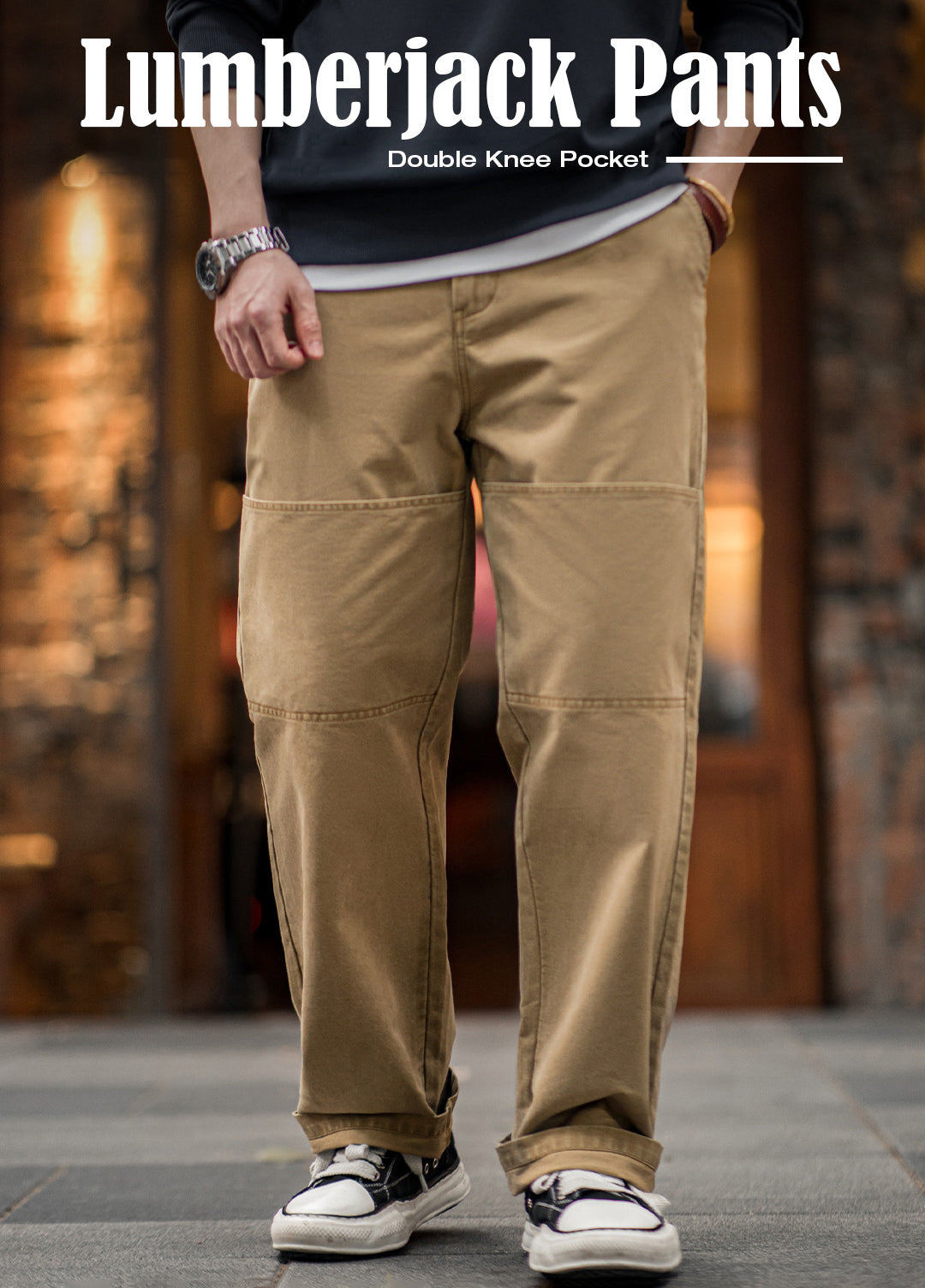 American Retro Double Knee Pocket Lumberjack Cotton Straight Men's Trousers - Harmony Gallery
