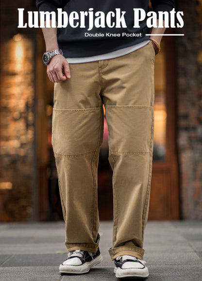 American Retro Double Knee Pocket Lumberjack Cotton Straight Men's Trousers - Harmony Gallery