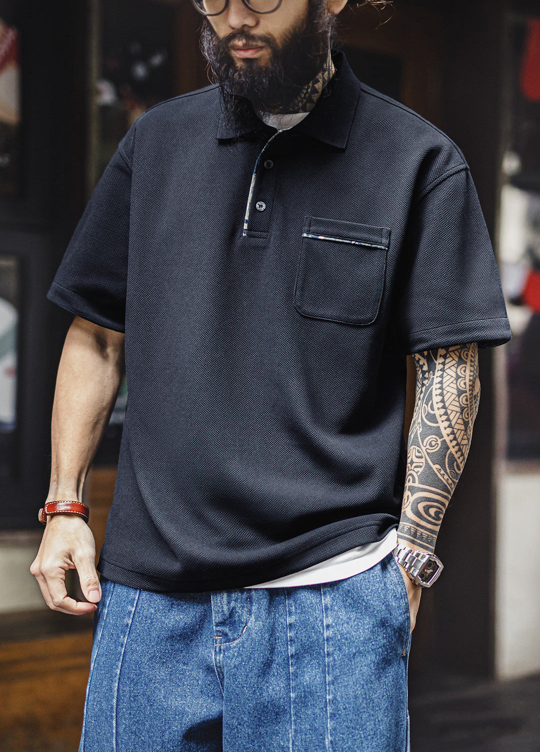 American Retro Polo Off-Shoulder High-End Sleeve Off-Shoulder Men's T-Shirt
