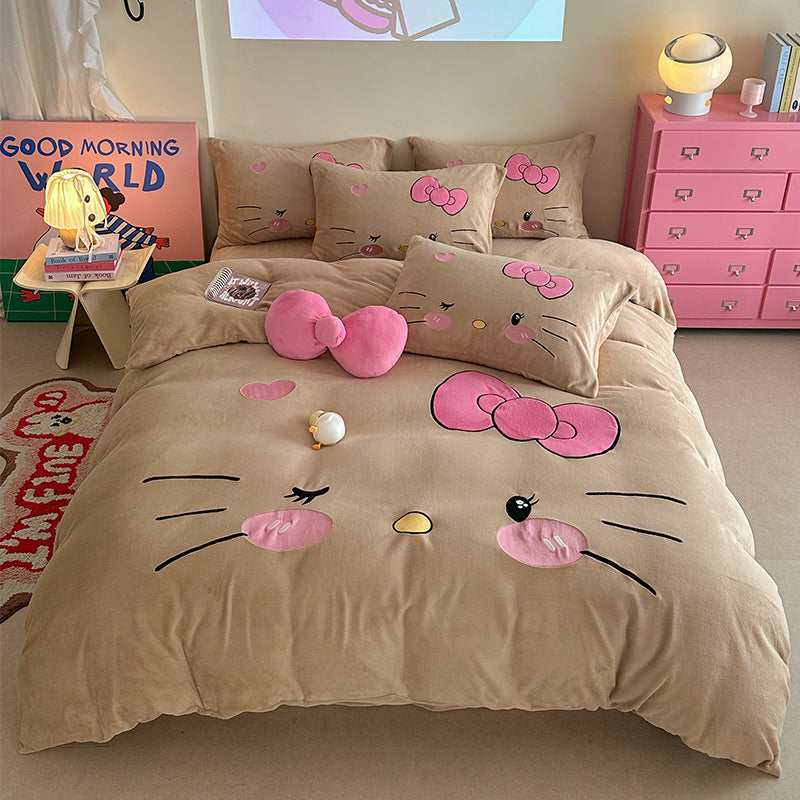 Children's Hello Kitty Little Milk Fleece Cartoon Winter Four-Piece Bed Set - Harmony Gallery