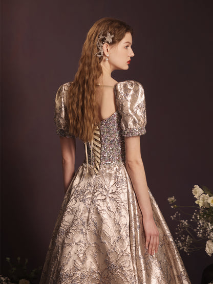 Luxurious Gold Jacquard Puff Sleeve Ball Gown with Sequin Bodice - Harmony Gallery