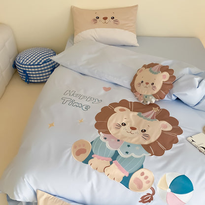 Cartoon Lion Embroidery Pure Cotton Long-Staple Four-Piece Bed Set