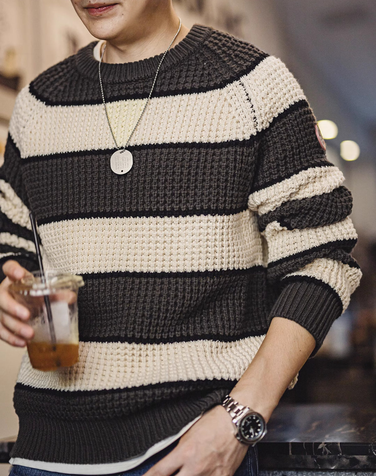 American Retro Contrast Color Pineapple Texture Pullover Men's Sweater - Harmony Gallery