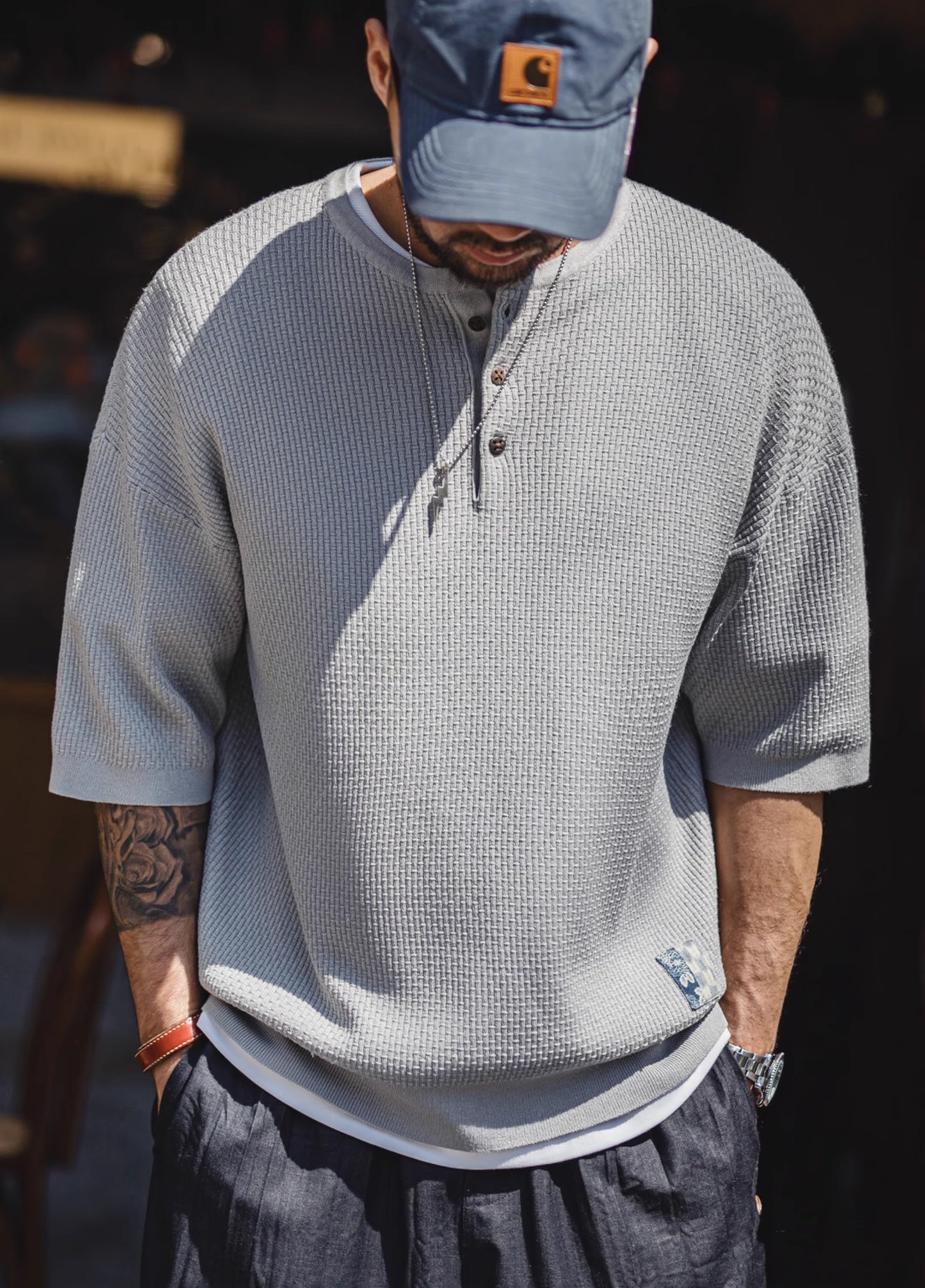 American Bamboo Pattern Henry Drape Knitted Half Sleeves Men's T-Shirt - Harmony Gallery