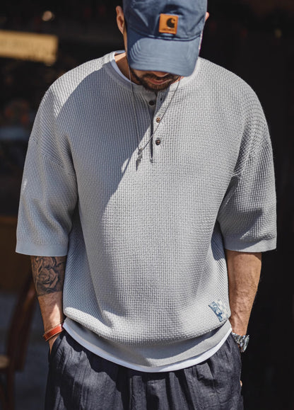American Bamboo Pattern Henry Drape Knitted Half Sleeves Men's T-Shirt - Harmony Gallery