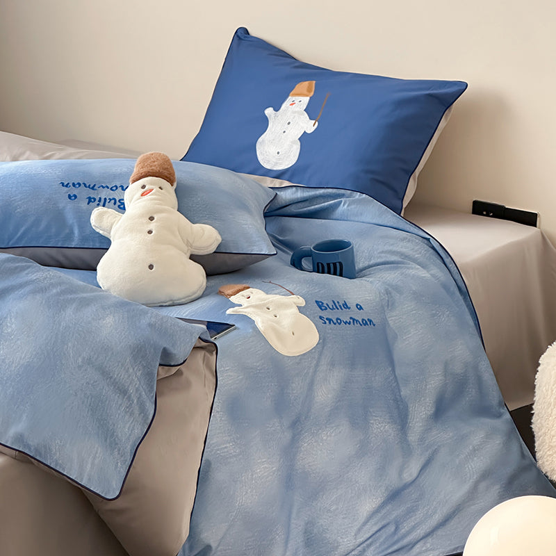 Cartoon Cute Blue Snowman Pure Cotton Skin-Friendly Four-Piece Bed Set - Harmony Gallery