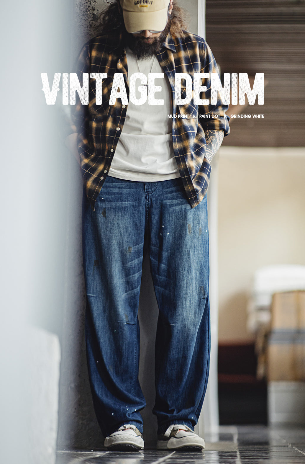 American Distressed White Cat Whisker Washed Ink-Splashed Men's Jeans - Harmony Gallery