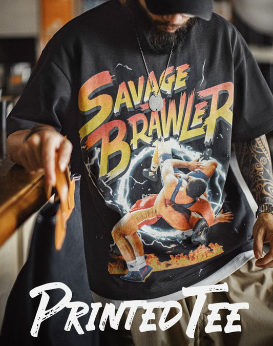 American Retro Heavy High Street Print Pure Cotton Loose Men's T-Shirt - Harmony Gallery