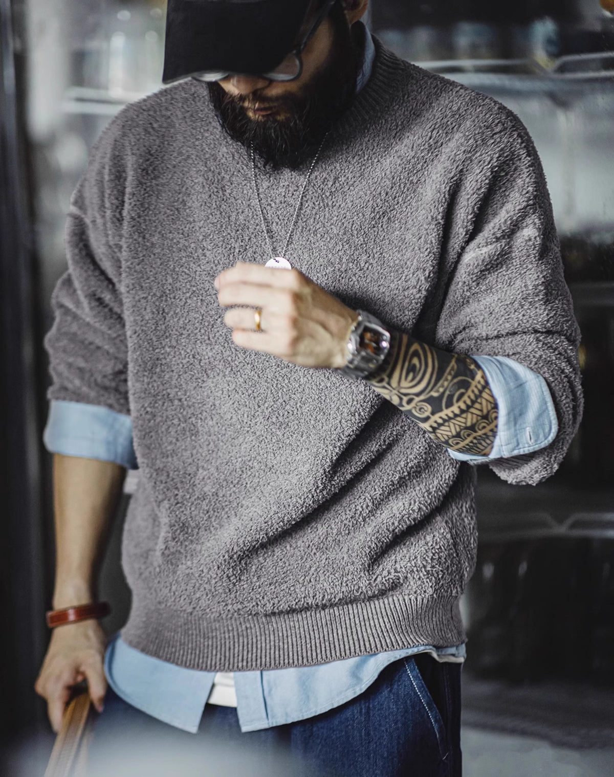 American Retro Half-Edge Velvet Lazy Pullover Warm Men's Sweater - Harmony Gallery