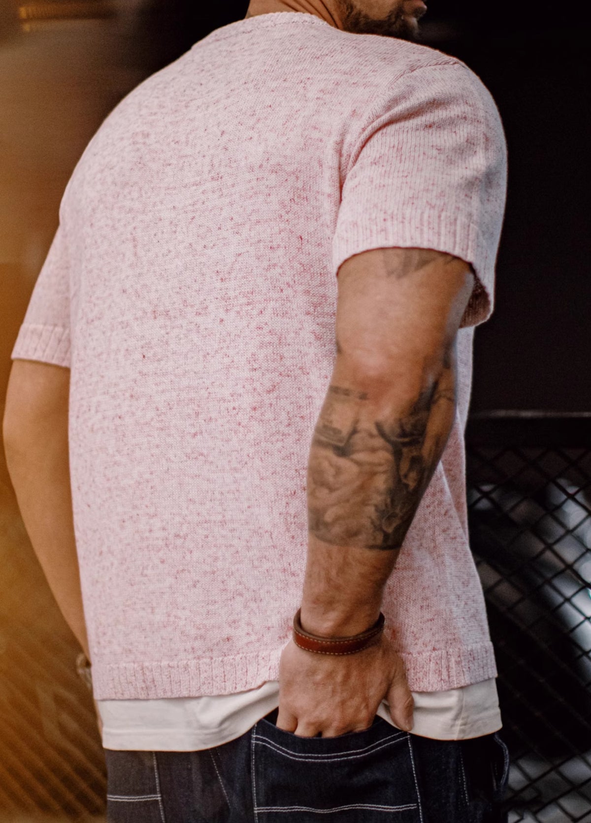 American Mottled Pink Knitted Drape Breathable Thin Threaded Neckline Men's T-Shirt - Harmony Gallery