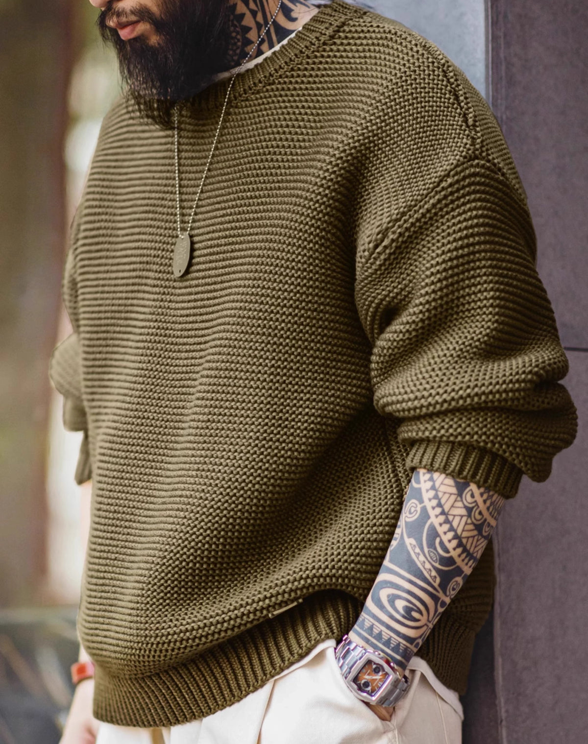 American Retro Heavy Texture Knitted Drop Shoulder Pullover Men's Sweater - Harmony Gallery