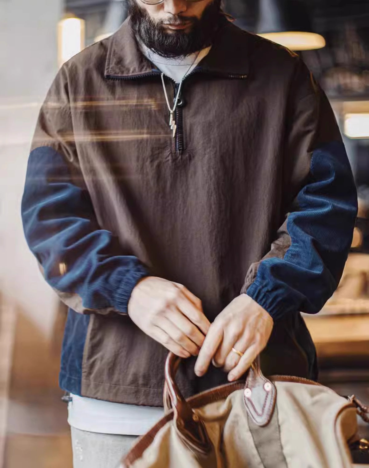 American Retro Stitching Half-Zipper Contrast Color Corduroy Pleated Men's Sweater - Harmony Gallery