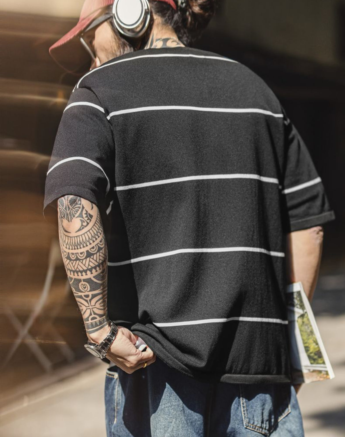American Casual City Boy Black And White Contrast Striped Half-Sleeve Men's T-Shirt - Harmony Gallery