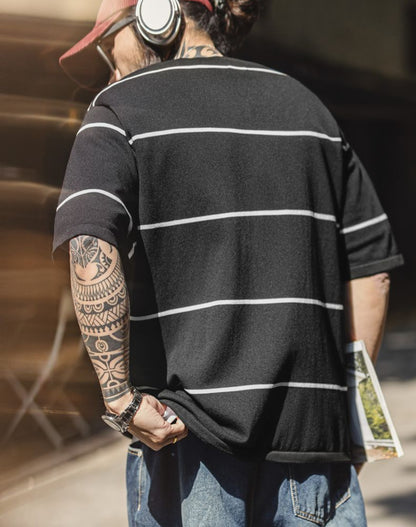American Casual City Boy Black And White Contrast Striped Half-Sleeve Men's T-Shirt - Harmony Gallery